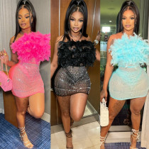 Women's Sexy Feather Mesh Hot Diamond Wrapped Chest Dress