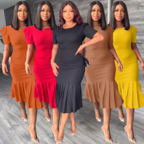 Short sleeved round neck wrap hip skirt pleated mid length dress