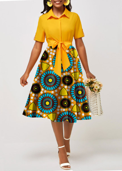 Sexy and fashionable digital printed round neck short sleeved women's dress