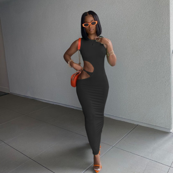 Casual solid color tight side opening open buttocks sleeveless dress