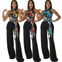 Sexy digital printed round neck sleeveless women's jumpsuit
