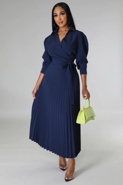 Long sleeved Polo neck high waisted pleated women's dress