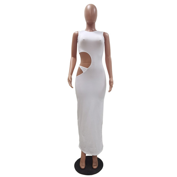 Casual solid color tight side opening open buttocks sleeveless dress
