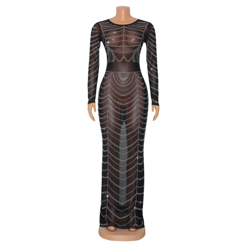 Women's sexy tight fitting long sleeved slim fitting hot diamond dress