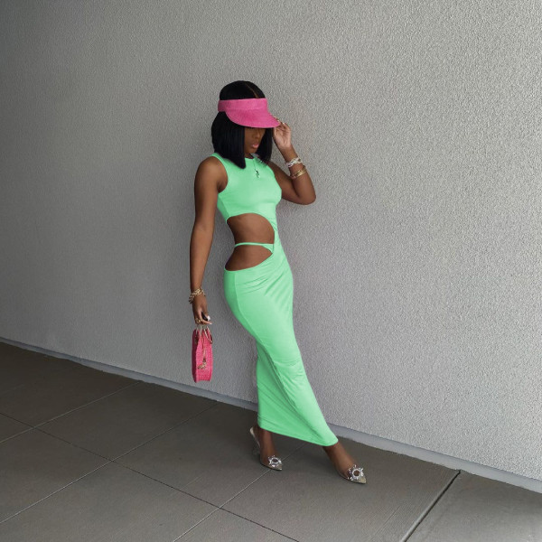 Casual solid color tight side opening open buttocks sleeveless dress