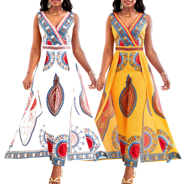 Sexy and fashionable digital printed V-neck women's jumpsuit