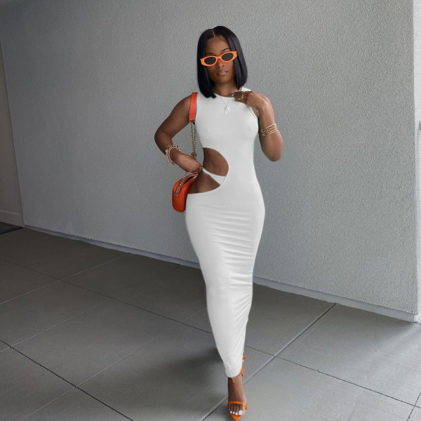 Casual solid color tight side opening open buttocks sleeveless dress