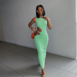 Casual solid color tight side opening open buttocks sleeveless dress