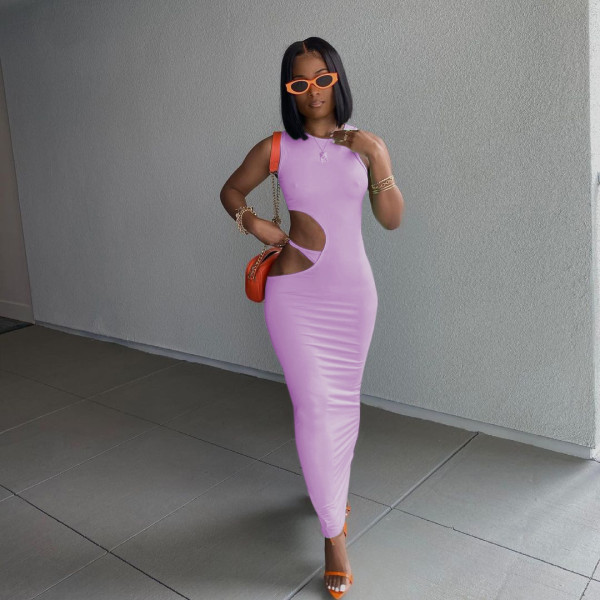Casual solid color tight side opening open buttocks sleeveless dress