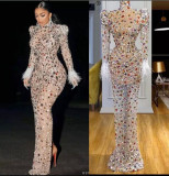 High end rhinestone mesh stretch sexy slim fitting dress