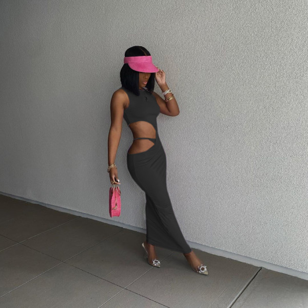 Casual solid color tight side opening open buttocks sleeveless dress
