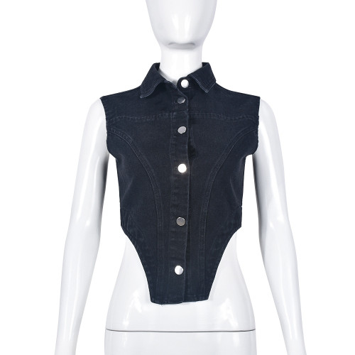 Open navel irregular cardigan washed denim vest