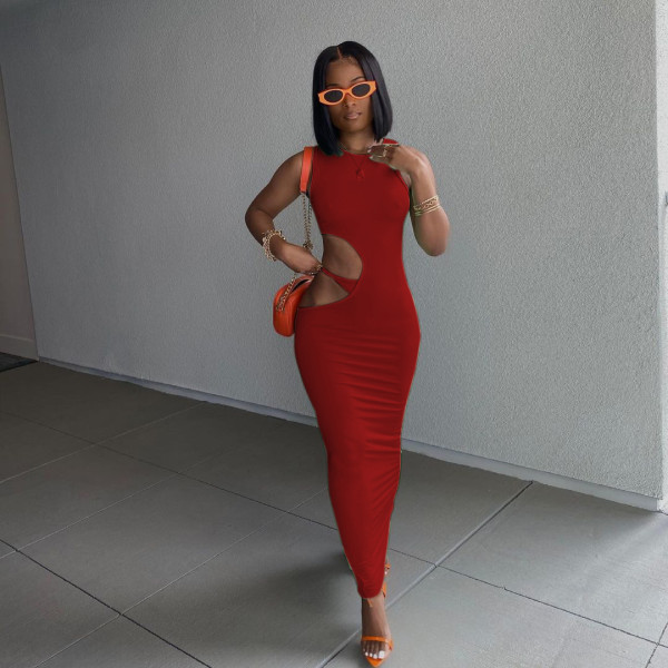 Casual solid color tight side opening open buttocks sleeveless dress