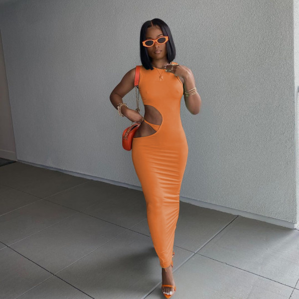 Casual solid color tight side opening open buttocks sleeveless dress