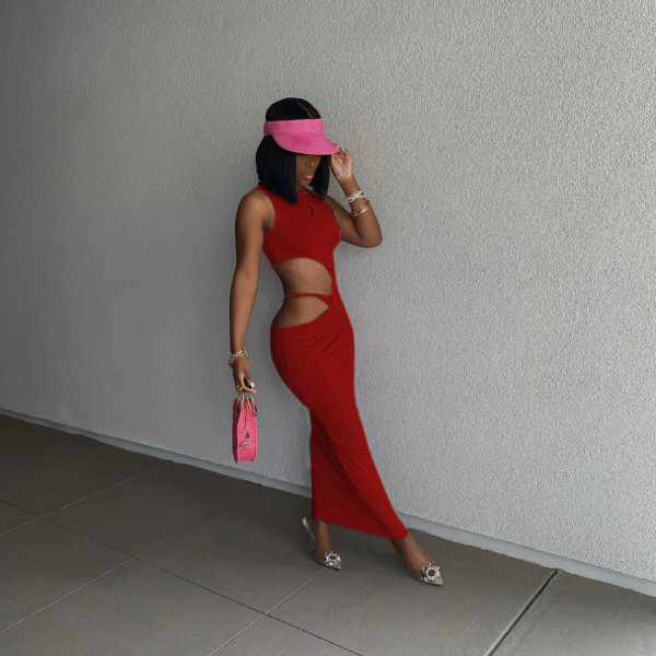 Casual solid color tight side opening open buttocks sleeveless dress