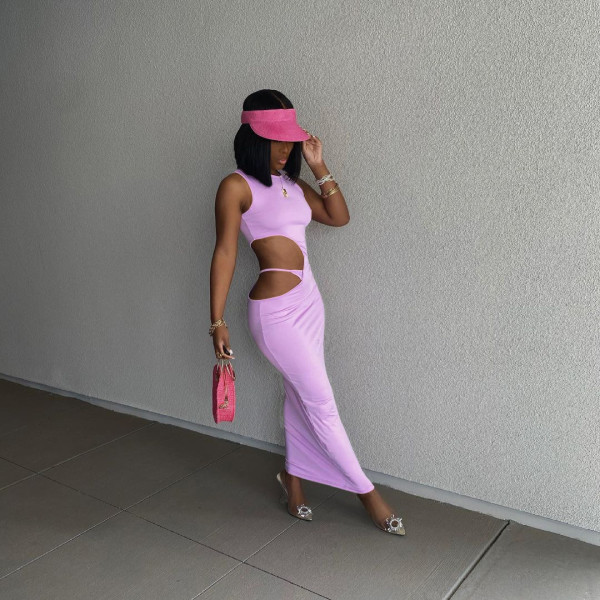 Casual solid color tight side opening open buttocks sleeveless dress