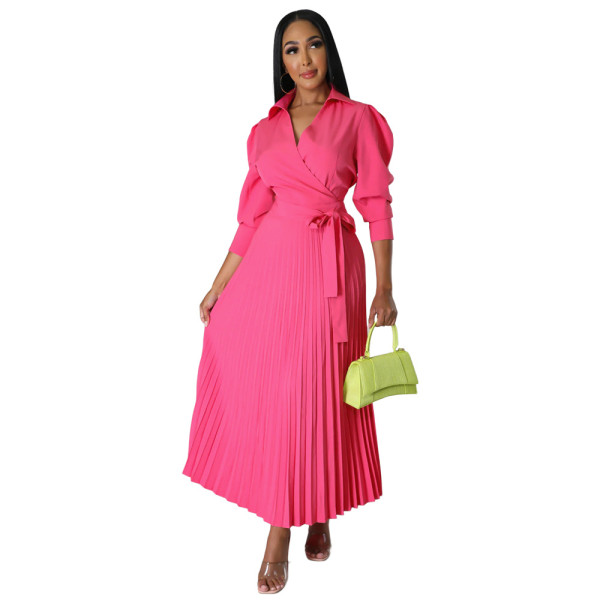 Long sleeved Polo neck high waisted pleated women's dress