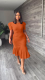 Short sleeved round neck wrap hip skirt pleated mid length dress