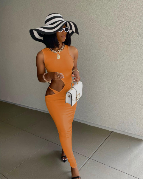 Casual solid color tight side opening open buttocks sleeveless dress