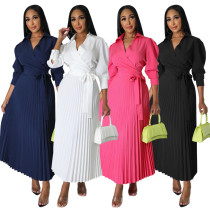 Long sleeved Polo neck high waisted pleated women's dress Long sleeved Polo neck high waisted pleated women's dress