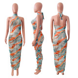 Mesh pleated printed dress