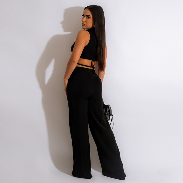 Sexy Slim Fit Lace Up Open Navel Suit Collar Set