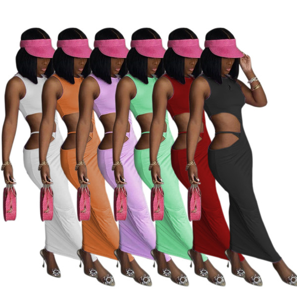 Casual solid color tight side opening open buttocks sleeveless dress