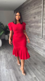 Short sleeved round neck wrap hip skirt pleated mid length dress