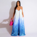Sexy Deep V-Strap Open Back Wide Leg Pants Gradual Jumpsuit