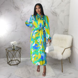 Lace up long sleeved printed pleated dress