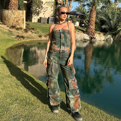 Washable Tie Dyed Zipper Button Tight Irregular Wrap Chest Hanging Neck Sexy Spicy Girl Wearing Denim Sling