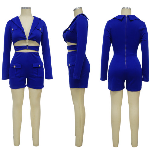 Fashionable women's pocket sexy deep V solid color jumpsuit