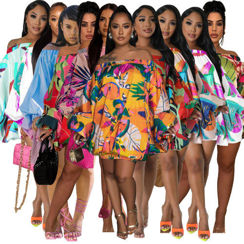 Off shoulder printed short skirt bat sleeve dress