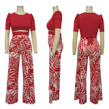 Round neck waist printed wide leg pants casual set