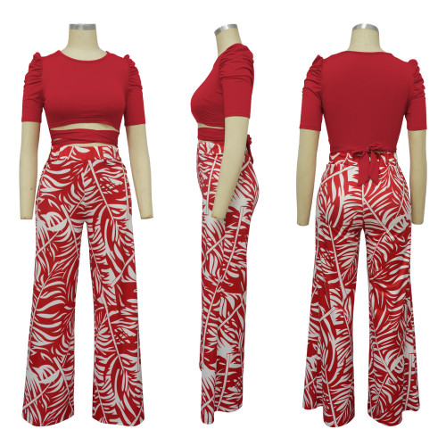 Round neck waist printed wide leg pants casual set