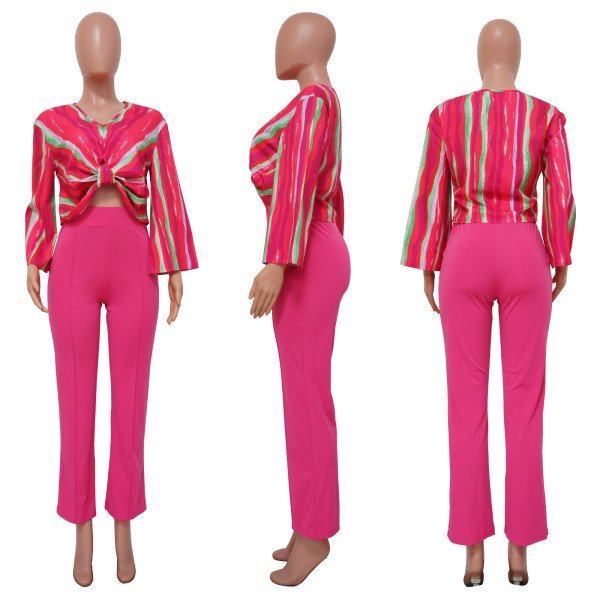 V-neck printed top solid straight leg pants set