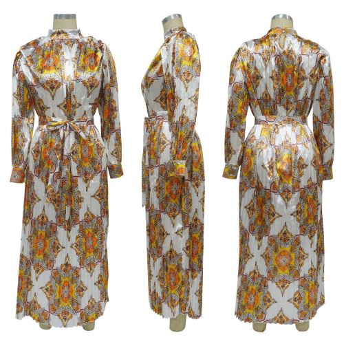 Printed long sleeved pleated dress