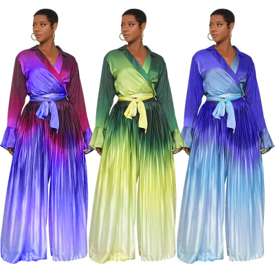 Women's gradient flared sleeve pleated wide leg pants set
