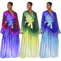 Women's gradient flared sleeve pleated wide leg pants set Women's gradient flared sleeve pleated wide leg pants set