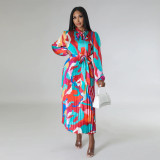 Lace up long sleeved printed pleated dress