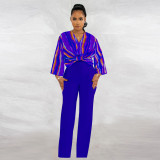V-neck printed top solid straight leg pants set
