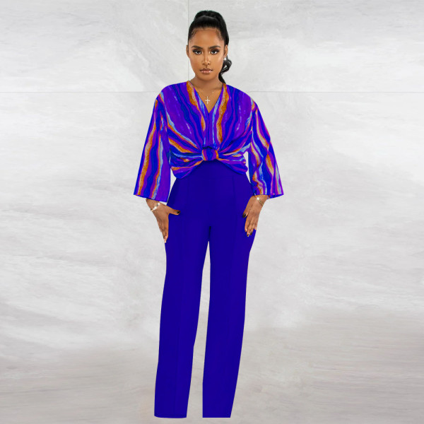 V-neck printed top solid straight leg pants set