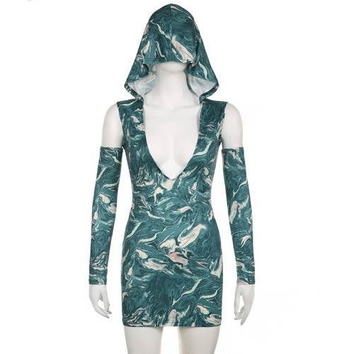 Women's Featured Printed Sleeveless Hooded V-Neck Tight Wrap Hip Sexy Spicy Girls Spliced Sleeve Sleeves Dress Short Dress