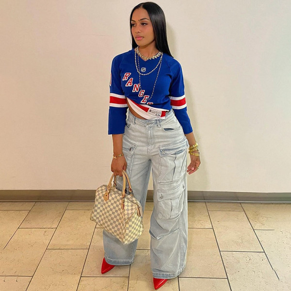 High waisted zipper split panel multi pocket straight tube loose fitting street fashion denim pants