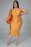Women's diagonal shoulder long short sleeved slim fitting strapping dress