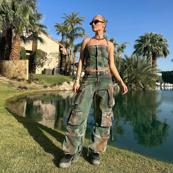 Washable Tie Dyed Zipper Button Tight Irregular Wrap Chest Hanging Neck Sexy Spicy Girl Wearing Denim Sling