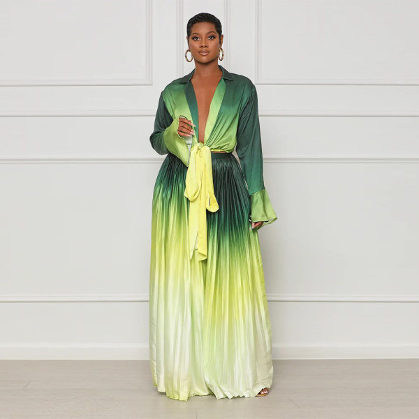 Women's gradient flared sleeve pleated wide leg pants set