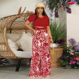 Round neck waist printed wide leg pants casual set