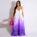 Sexy Deep V-Strap Open Back Wide Leg Pants Gradual Jumpsuit