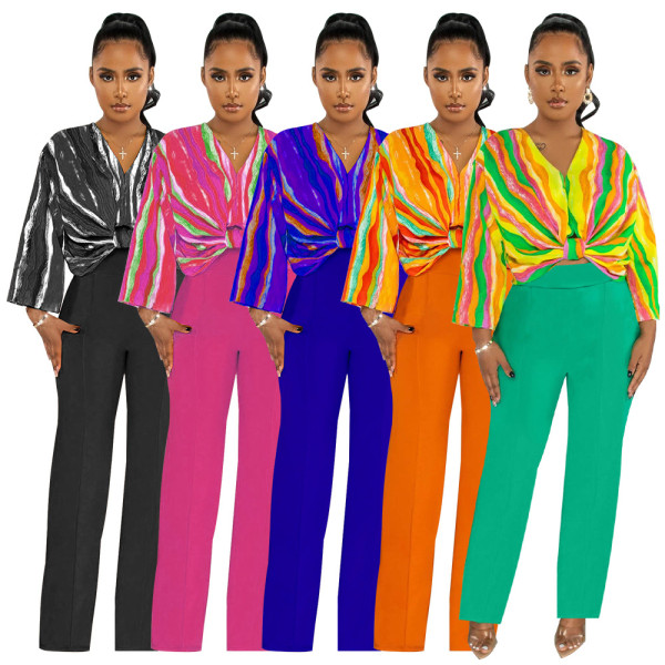 V-neck printed top solid straight leg pants set
